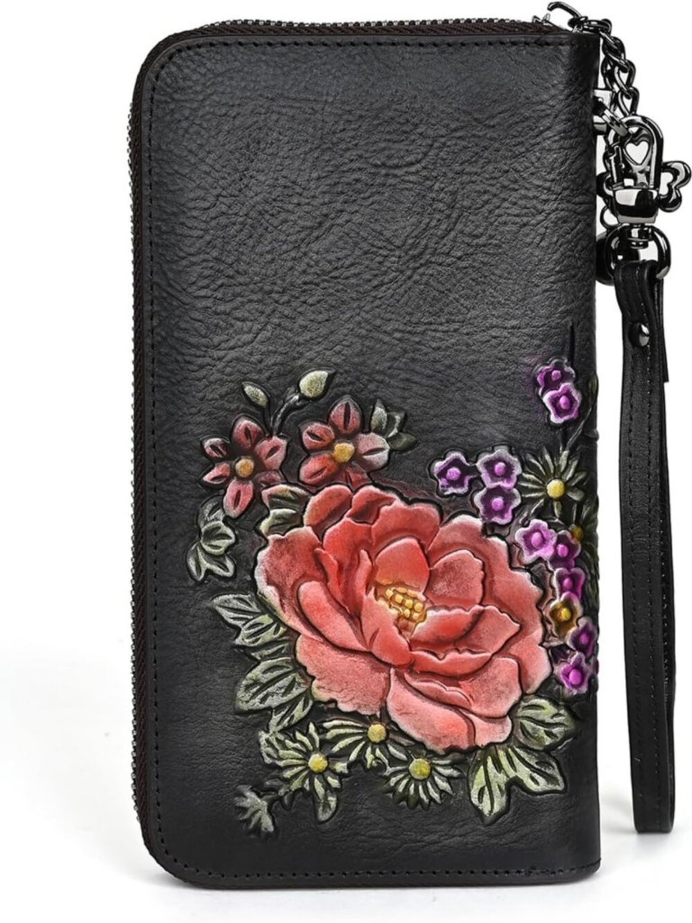 Vintage Floral Embossed Genuine Leather Long Wallet, Large Capacity Zipper
